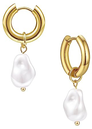 YeGieonr Orecchini Pendenti Goccia Oro per Donna, Acciaio Inossidabile Convertibile Perla Geometrici Cerchio Huggie, Ipoallergenici Moda Gioielli Regalo per Donna e Ragazze
