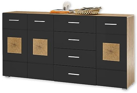 Stella Trading Sideboard in Schwarz, Artisan Eiche Optik mit Hirnholz-Applikationen - Moderne Kommode mit Schubladen und viel Stauraum - 180 x 92 x 38 cm (B/H/T)