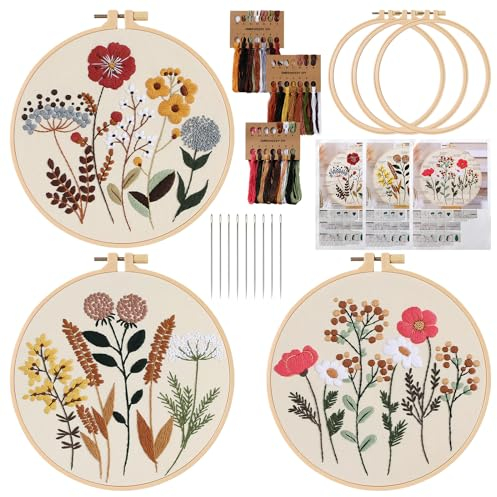 LOMOHOO Stickset für Anfänger,Blumenmuster Pflanzen Sticken Set Erwachsene Stickerei Set mit 3 Stück Kreuzstich Set für DIY Kunst,Handwerk