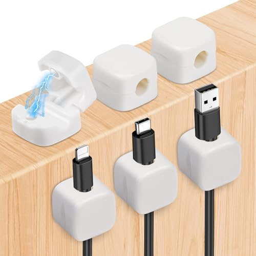URAQT Desk Cable Tidy, 6 Pcs White Magnetic Cable Tidy, Srong Adhesive Clips Desktop Cord Holder, Hide Phone Charging Cables Keeper, Magnetic cables organiser for Home Office Desk Use