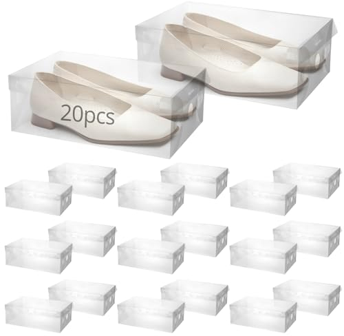 QWORK® 20 Stück Schuhboxen Plastik Aufbewahrungsbox, Faltbar Transparent Schuhe Box, Schuh-Aufbewahrungsboxen mit Deckel, für Damenschuhe