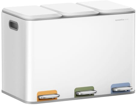 SONGMICS HOME Triple Kitchen Recycling Bin, 3 x 4 Gallon (15 L) With Color-Coded Pedals, Waste Separation System, Lids and Inner Buckets, Steel, Cloud White LTB740W02V1