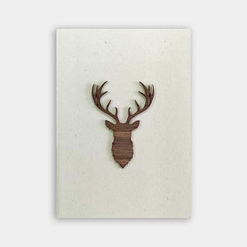 Original Holzgrusskarte - Geschenkkarte mit Echtholzmotiv Hirschkopf aus Nussholz, Geburtstagskarte Jäger, Jägerin, Förster - Hirsch – einzigartige Grußkarte, Glückwunschkarte Jäger, Gratulation