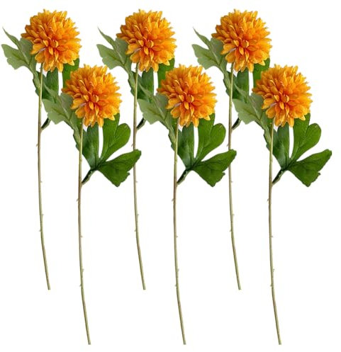 JIHUOO 6 Pcs Orange Chrysanthemum Artificial Flowers Large Fake Chrysanthemum Ball Flowers Faux Hydrangea Flowers Day of the Dead Flowers Decorations