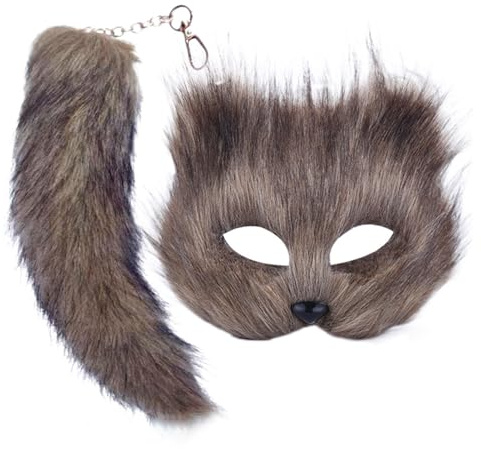 HshDUti Ensemble masque de chat et queue de Therian - Masque de renard à fourrure et longue queue de renard porte-clés - Demi-masque de bal masqué pour cosplay, accessoire de fête costumée