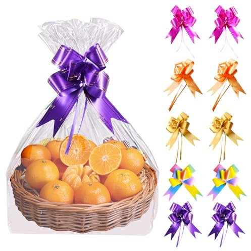 XCRPRT 10 Stück Geschenkfolie 70x100cm, Große Geschenkfolie Transparent Cellophantüten, Durchsichtiges Geschenkpapier Cellophantüten Mit 10 Schleifen für Blumen Geschenkkörbe Wrap