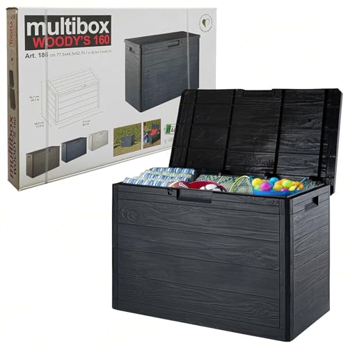 Sicignano | Mehrzweckbox Woody's 160 Liter, Kunststoff in Holzoptik Dark Anthrazit - geeignet für den Außenbereich im Innenbereich, geeignet für Vorhängeschloss, einfach zu montieren, Made in Italy