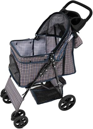 Monster Shop Haustierwagen mit Tasche, abnehmbar, blaues Tartanmuster, faltbarer Träger, 15 kg Kapazität, Räder, Bremsen, Netzfenster, Korb, Getränkehalter, Taschen und wasserdichter Regenschutz