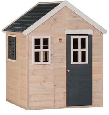 Wendi Toys M18G lekstuga i trä för barn utomhus med funktionella fönsterluckor och 3 fönster, 120 x 120 x 155 cm, grå, tillverkad av trä – utomhuslekutrustning, trädgårdslekutrustning för barn