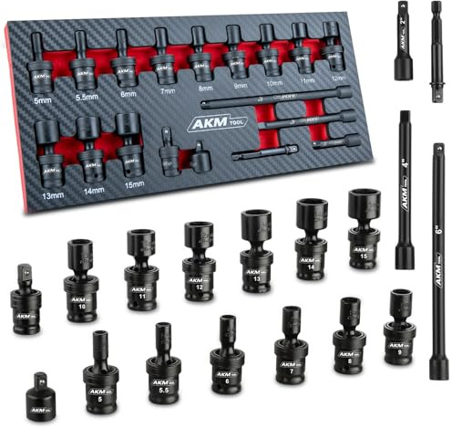 AKM TOOL 1/4 Drive Universal Impact Socket Set, 18 Piece Swivel Socket Set, Universal Joint Wobble Socket 6-Point, Metric, 5-15mm, Cr-Mo, with Extension Bars, Socket Adapter, Drill Bit Adapter