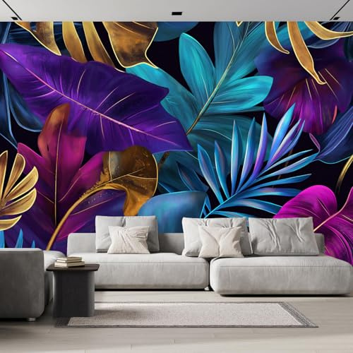 Papier Peints Geant Feuilles Bananier Violettes Abstraites Panoramique, 300×210cm Personnalisé 3D Thème Plantes Abstraites Wallpaper Pour Salon Chambre D'Enfant Décoration Murale