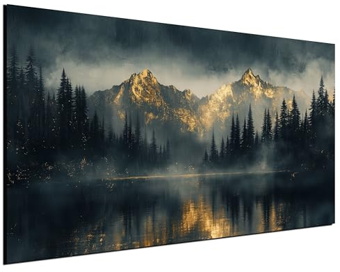 DARO Design® Leinwand 60x40 cm Deko Schlafzimmer Aesthetic Leinwandbilder Wohnzimmer Gemälde Foto Geschenk Living Room Decoration Kunst Berge Gold See Wald Wasser Spiegelung Nebel