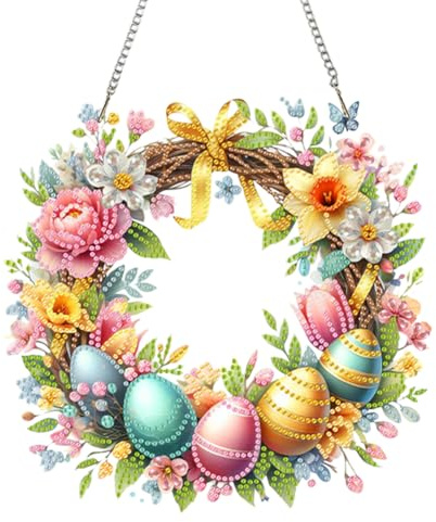 Generisch DIY Diamond Painting Ostern Girlande Kranz Set, Diamant Painting Anhänger Ostern Kits mit Kette, Diamant Malerei Türkranz Tür Fenster Deko