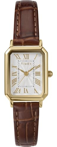 Timex Trend Damen-Armbanduhr, 21 mm, braunes Lederarmband, weißes Ziffernblatt, goldfarbenes Gehäuse TW2Y00900