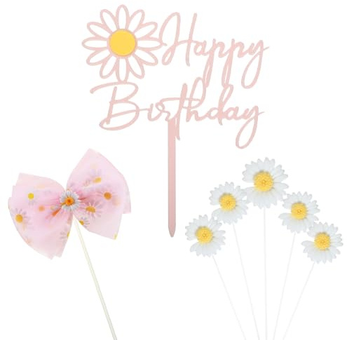 Wasise Daisy Cake Decorations - Flower Cake Decorations, Pink Daisy Birthday Theme Party Decoration, Pink Bow Birthday Cakes Acrylic Toppers for Women and Girl, Wedding and Tea Party Boho Toppers