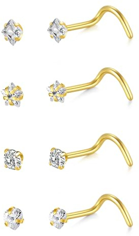 LaurITAMI 4 stycken näspiercing plugg rostfritt stål 20 g 22 g näspiercing stick CZ nässtavar nostril piercing kvinnor män silver guld näsa piercing näsa, 20G, Rostfritt stål