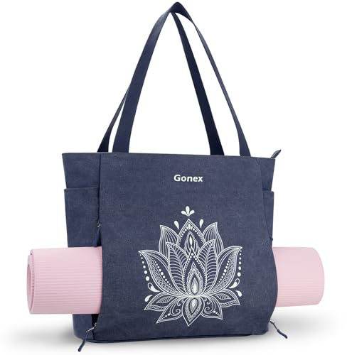 Gonex Yoga Mat Bag, Large Yoga Tote Bag with Multi Pockets for Women Men, Canvas Yoga Mat Carrier Fits Yoga Blocks & Accessories, Full Zipper Easy Access for Pilates, Gym, Travel, Blue, Large
