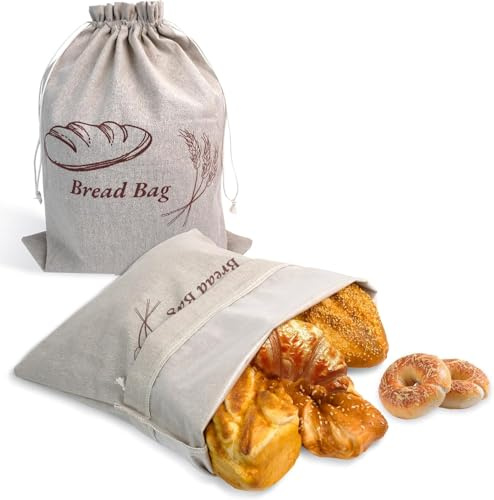 Reusable Linen Bread Bags for Homemade Bread Sourdough With TPU Lining,Unbleached Plastic Lined Breads Bag to Keep Fresh,1 Pcs 33 x 45 Cm, Cloth Saver Bag For Storage Linen with Drawstring Closure