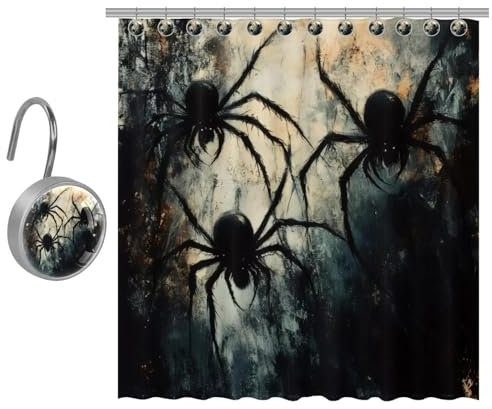 VAPOKF Spooky - Tenda da doccia con motivo ragno nero, set di tende da doccia in poliestere con 12 ganci in acciaio inossidabile, tenda da doccia rustica per bagno in fattoria 182 x 182 cm