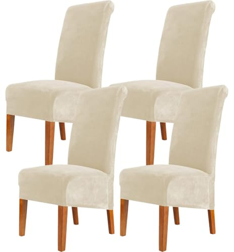 JVDOIT Velvet Dining Chair Covers, XL Stretchable Large Slipcovers Set of 4 - Washable Removable Elastic Chair Protectors for High Back Chairs, Dining Room, Kitchen & Banquet (Beige,Set of 4)