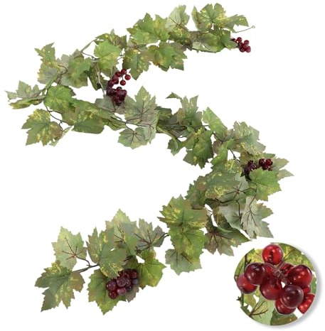SENCOS Artificial Grape Vine Leaf Garland Plant with 5 Strings Grapes, 6.5ft Artificial Fake Grape Vines Fake Greenery for Wedding Party Home Indoor Outdoors Decoration