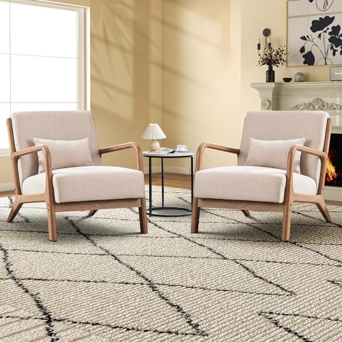 EBELLO Living Room Armchair, Modern Accent Chair with Solid Wood Frame, High Back Upholstered Reading Chair with Waist Cushion, Lounge Chairs for Living Room Bedroom Balcony, Beige, 2 Pack