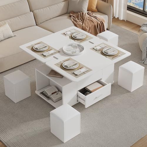 Soweiz Couchtisch Höhenverstellbar, Beweglicher Sofatisch, 4-in-1-Multifunktions-Couchtisch Umwandelbar in Wohnzimmer-Esstisch,Couchtisch mit Schubladen, mit 4 Hockern,Weiß, 100 x 50 x 45 cm