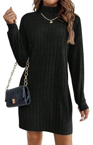 Zeagoo Strickkleid Damen Langarm Rollkragen Rippstrick Kleid Elegantes Pulloverkleid Herbst Winter Warmes Winterkleid Figurbetont Büro Freizeit Schwarz L