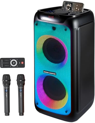 GKD80 Karaoke para Adultos con 2 Micrófonos UHF Inalámbricos, Altavoz Bluetooth de 600 W con Dos Subwoofers de 8, Altavoz Portátil con Control Remoto y Ruedas, para Eventos al Aire Libre y Fiestas