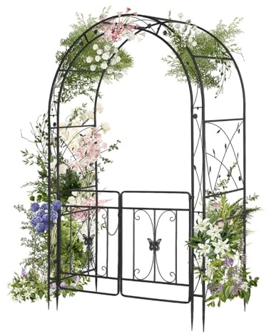 Bonnlo Rosenbogen aus Metall, Stabil Wetterfest Rankhilfe aus Pulverbeschichtetem Stahl, Rankgitter für Garten, Rosen,Plantzen,135x58x212 Schwarz (Kuppeldach mit 2 Toren)