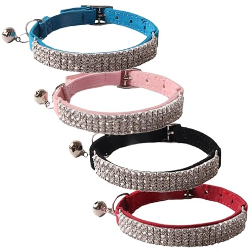 4-teiliges Katzenhalsband mit Strasssteinen, verstellbares Katzenhalsband aus weichem Samt mit Glöckchen, 4 Farben, leicht, bequem, stilvoll, für Kätzchen, Welpen, mit Glöckchen
