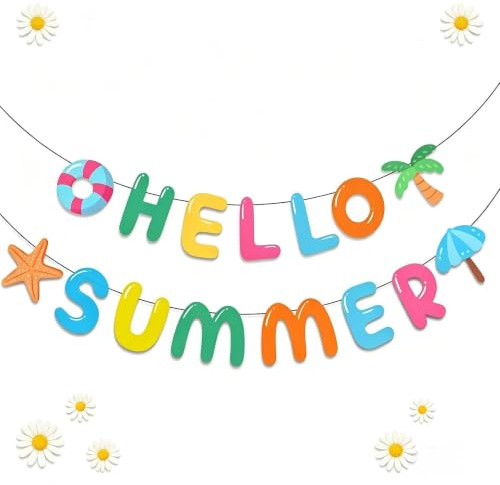Hello Summer Banner, Hawaiian Party Decorations for Beach Pool Party | Summer Decorations Banner with Palm Tree, Starfish And Umbrella Shapes for Garden Walls, Pool Photos And Tropical Backdrops