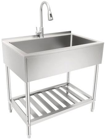 Stor kommersiell diskbänk med utdragbar dusch och 0–2 cm justerbar höjd för fötter, kallt/varmvatten rostfritt stål enkelhandfat utomhus handfat för gastronomi kaféer & hushåll, 91 x 55,37 x 87 cm