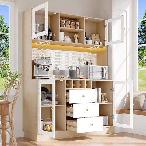 Ktipm Alacena de Cocina Aparador Alto Moderno con LED y Placa Perforada, Armario Cocina con Botellero, Mueble Auxiliar Aparadores, 3 Cajones y 4 Puertas, Dispositivo Antivuelco, 140x40x185.7 cm,Blanco