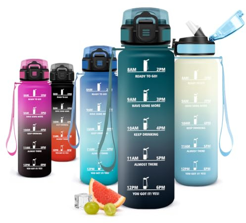 JAPORIA Bouteille 1L, Gourde Sport avec Paille, Bouteille Motivation Marqueur de Temps, Étanche et Réutilisable, poor Bureau, Randonnée, Fitness