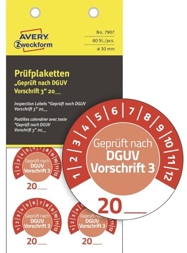 AVERY Zweckform 80 Stück Prüfplaketten Geprüft nach DGUV Vorschrift 3 20xx (mit Jahreszahl zum selber eintragen, widerstandsfähig, selbstklebend, Ø 30 mm, Prüfaufkleber, Prüfsiegel aus Vinyl) 7907 rot
