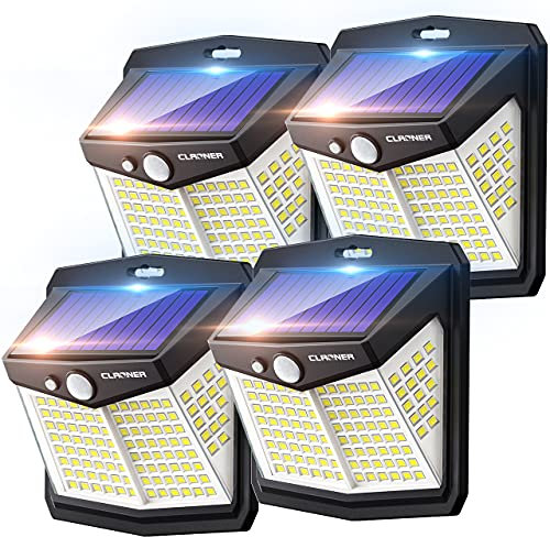 Solar Lights for Outdoor, Claoner 128 LED Motion Sensor Security Lights with 3 Lighting Modes IP65 Waterproof and Durable for Wall, 270° Angle for Yard Door Fence Pathway(4 Pack)