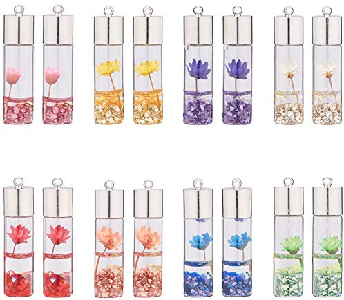 SUNNYCLUE 16Pcs 8 colors Glass Bottle Necklace Real Dry Flower Glass Bottle Pendant Wishing Bottle for Necklace Earring DIY Pendant Charms Gift
