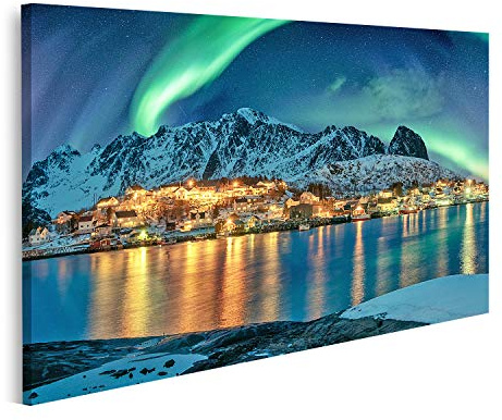 islandburner Bild auf Leinwand Aurora Borealis auf Fischerdorf, beleuchtet die Küste Winter Lofoten Inseln Norwegen Bilder Drucke Kunst Poster Wandbild