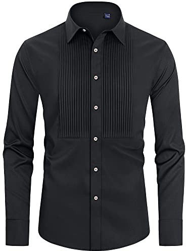 J.VER Men's Tuxedo Shirt Formal Dress Shirt Pleated Long Sleeve Button Down Shirts for Prom Party Wedding Black