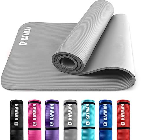 KAYMAN Yoga & Exercise Mat with Carry Strap, Large Non-Slip Comfortable Training & Workout Floor Mat for Home or Outdoor, Gym, Pilates, Gymnastics, HiiT, Stretching & Meditation (Grey)