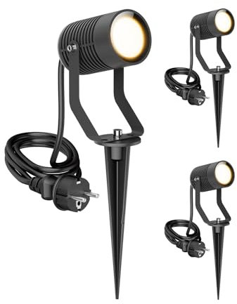 ledscom.de 3 SHINGA trädgårdsstrålkastare med jordspett för utomhusbruk, IP65, stickpropp, antracit, inkl. GU10 LED-lampa 630lm, varmvit