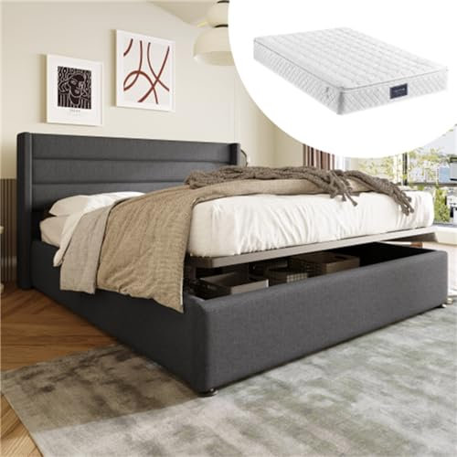 Letto Imbottito con Comoda testiera, Contenitore sottoletto ad Alzata idraulica, Rete a doghe in Legno, Adatto per Adulti e Ragazzi, Materasso Incluso.(Size:160x200CM,Color:Grigio)