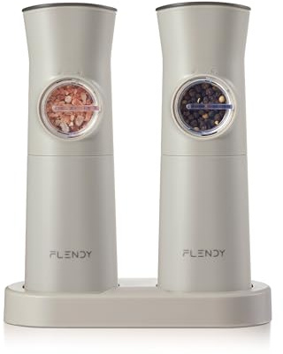Flendy Schwerkraft Elektrisches Salz- und Pfeffermühlen-Set mit Ladesockel | USB‑C‑Ladesockel, Schwerkraftaktiviert, Wiederaufladbar, Große Kapazität, Staubdeckel, Elektrische Gewürzmühle