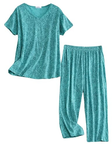 BERDITH Soft Womens Nightwear, Plus Size Ladies Pyjamas Sets Cotton Blend Pajamas Summer Sleep Lounge Loungewear PJS Set for Women Gift Mothers Day Mum Mummy UK Size 20-22,Green