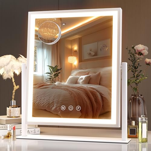 Hasipu Vanity Mirror with Lights, 29 x 35cm LED Makeup Mirror, Light up Mirror with Smart Touch Control, 10X Magnification 3 Color Dimmable, Brightness Adjustment 360° Rotation, Square White