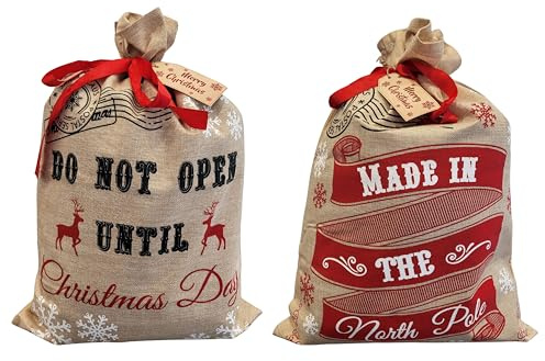 Sacos de arpillera grandes de yute de Navidad con etiquetas de regalo, paquete de 2, 50 x 70 cm, bolsas de regalo de Navidad, bolsas de Navidad con cordones