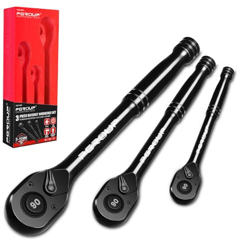 pgroup 3-Piece 90 Tooth Ratchet Wrench Set, 1/4”, 3/8”, 1/2” Drive Reversible Ratchets, 4-Degree Swing, Ergonomic Handle, Chrome Alloy Made, Quick Release Ratchet Wrenches for Repairing, Home, DIY