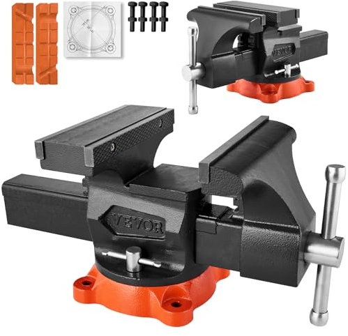 VEVOR Bench Vise, 8 Jaw Width, 8 Max Jaw Opening Multipurpose Vise with 360° Swivel Locking Base, 3.7 Throat Depth, Heavy Duty Ductile Iron Workbench Vise, Two-Way Jaws for Clamping Round Pipes