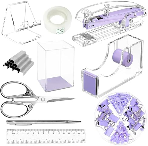 SUPEASY Juego organizador de escritorio morado y accesorios de oficina, 10 piezas con grapadora, dispensador de cinta, bolígrafos, portalápices, soporte para teléfono, cinta, regla, puntos, tijeras y